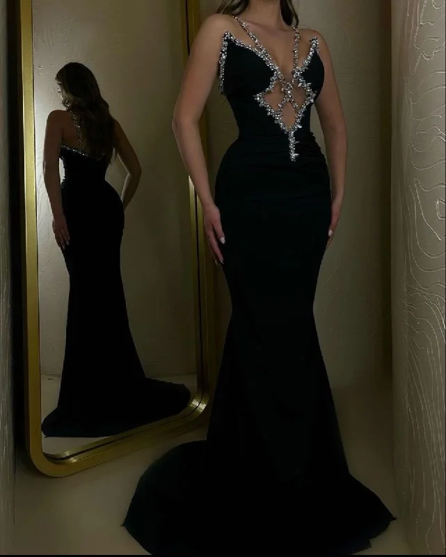 women's minimalist dressesBlack Mermaid Long Prom Dress Black Evening Dress Y2858