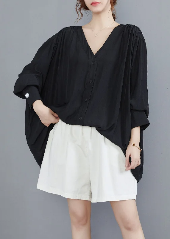 women's tops for those who want to show off their figure in a flattering wayStyle Black V Neck Oversized Cotton UPF 50+ Shirts Summer