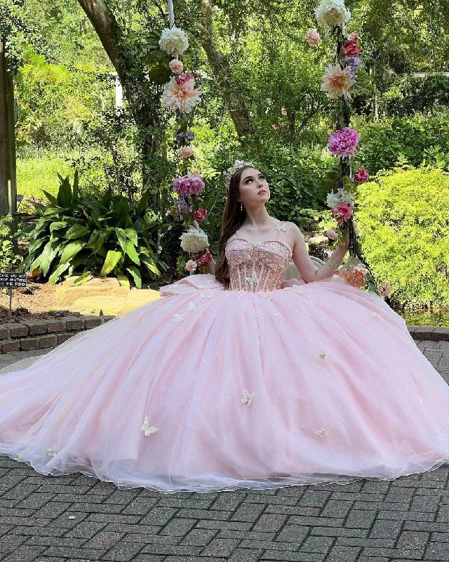 women's shift dressesGlamorous Pink Sweet 16 Dress,Pink Ball Gown With Butterflies,Pink Tulle Princess Dress  Y2336