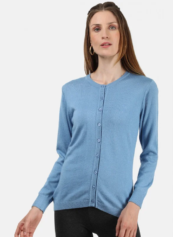 Extra-Large Knitted Crewneck SweatersWomen Sky Blue Solid Cardigan