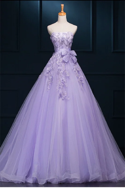 women's pear-shaped body dressesStrapless Long Purple Lace Big Wedding Dress With Bow W4