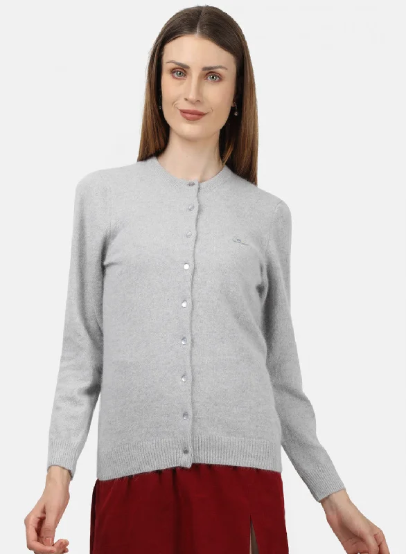 Turtle-Neck Wool SweatersWomen Grey Melange Solid Cardigan