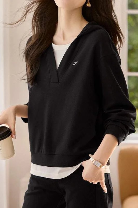 women's tops for summer festivalsFashionable Faux Layered Hooded Knit Sweatshirt