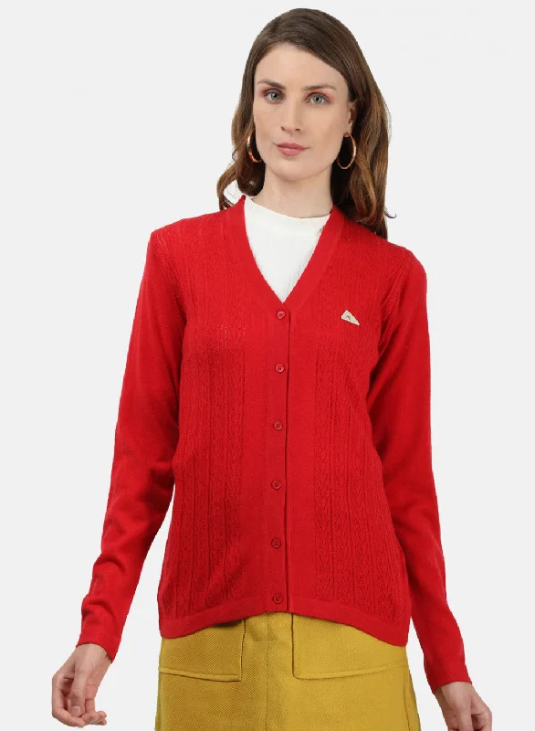 Knitted Crewneck SweatersWomen Red Self Cardigan