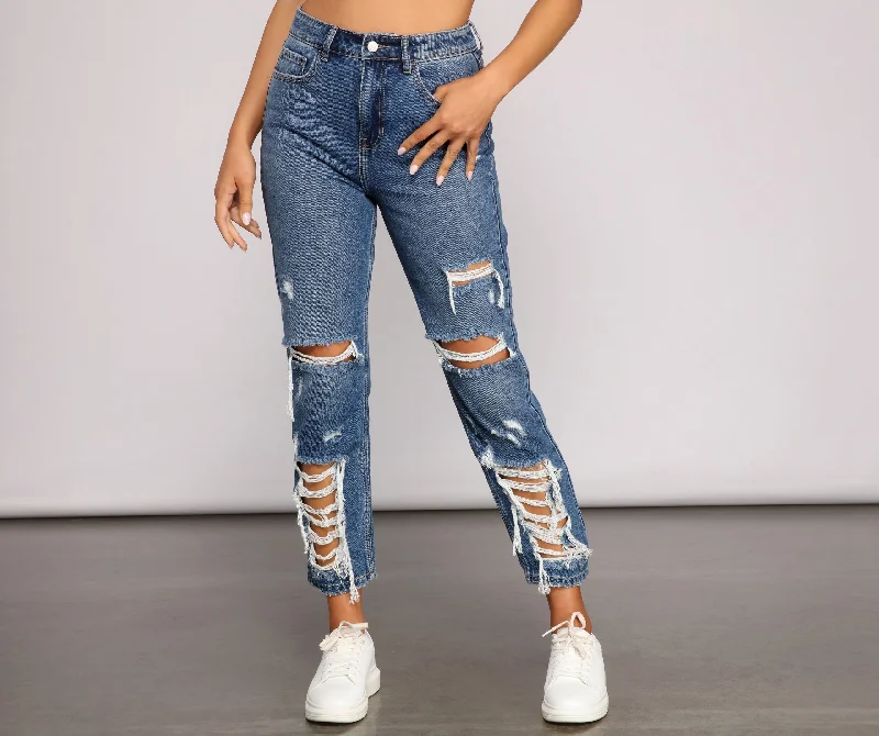 women's faded denim jeansClassic Destructed Straight-Leg Jeans