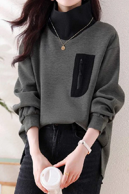 women's tops with lace-up frontsHalf-high collar spliced color-block casual sweatshirt