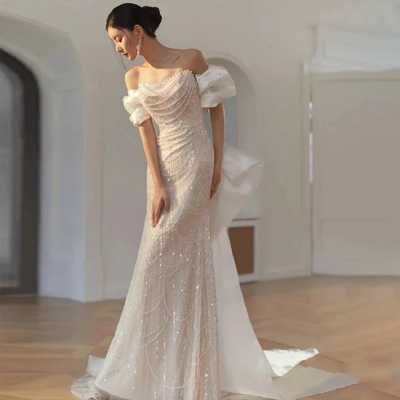 women's fair-trade dressesIKEARLAX  Advanced Heavy Industry Thin and Glittering Light Wedding Dress  New Temperament Entry Lux Fishtail High-End Luxury Bride off-the-Shoulder Gown