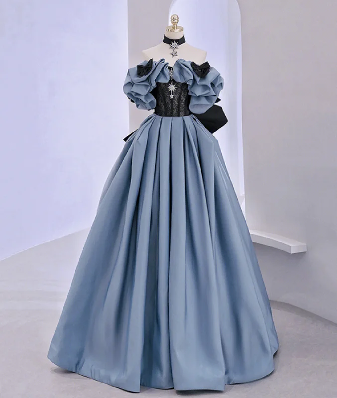 Prom DressOff Shoulder Satin Lace Long Prom Dress, Blue Evening Dress Y2619