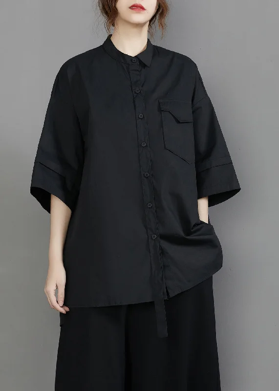 women's tops with geometric patternsUnique Black Stand Collar Oversized Cotton Blouse Top Half Sleeve