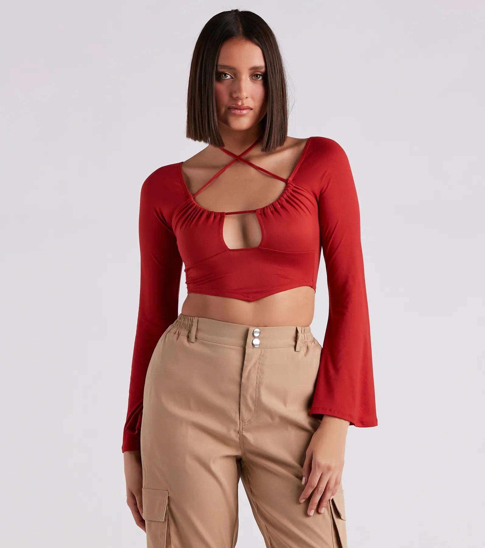 cropped women's topsEffortlessly Sultry Bell Sleeve Crop Top