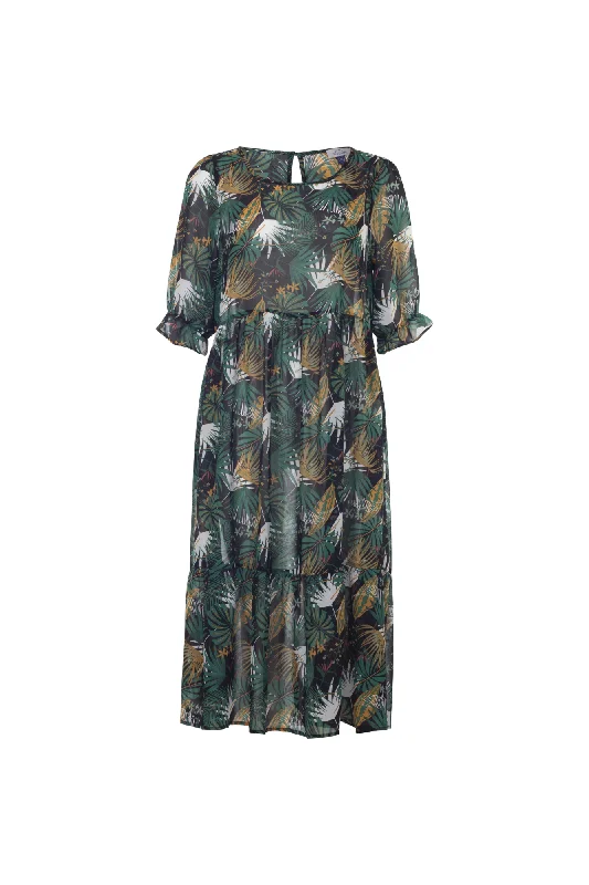 Pearl DressPrinted Chiffon Midi Dress | GREEN BLACK PALM | 7128AR