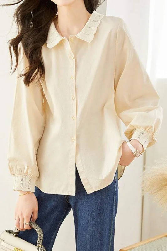 long-sleeved women's topsScalloped Collar Puff Sleeve Long Sleeve Shirt - 2 Colors Available