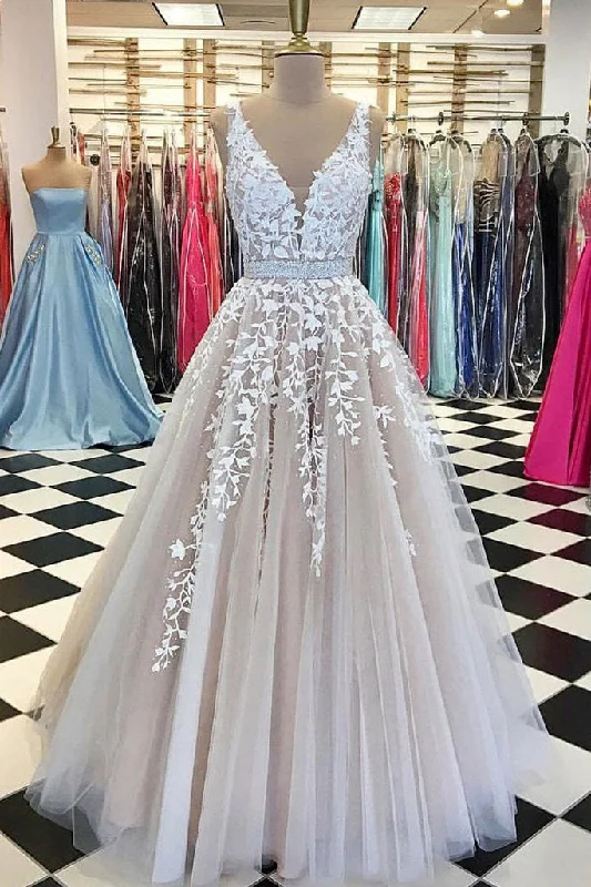 women's satin dressesV neck Tulle Lace Long Wedding Dresses,Tulle Ball Gown Prom Dress With Appliques OK402