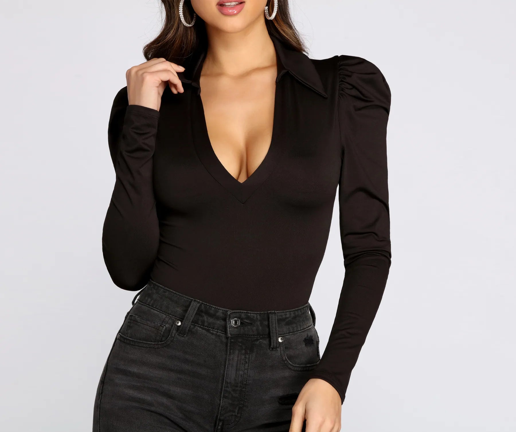 women's tops for those who want to wear pieces that are both comfortable and stylishStatement Shoulders Collared Bodysuit