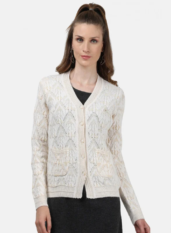 High-Quality Wool SweatersWomen White Self Cardigan