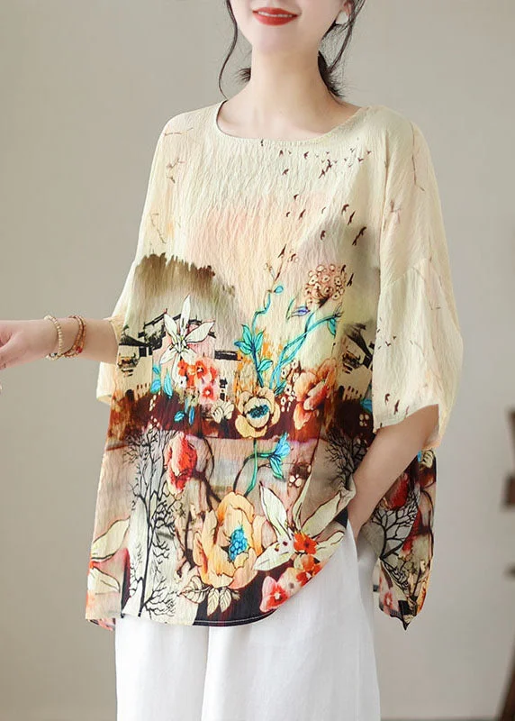 women's tops with embroidery detailsBoho Apricot O Neck Print Patchwork Linen T Shirt Tops Summer