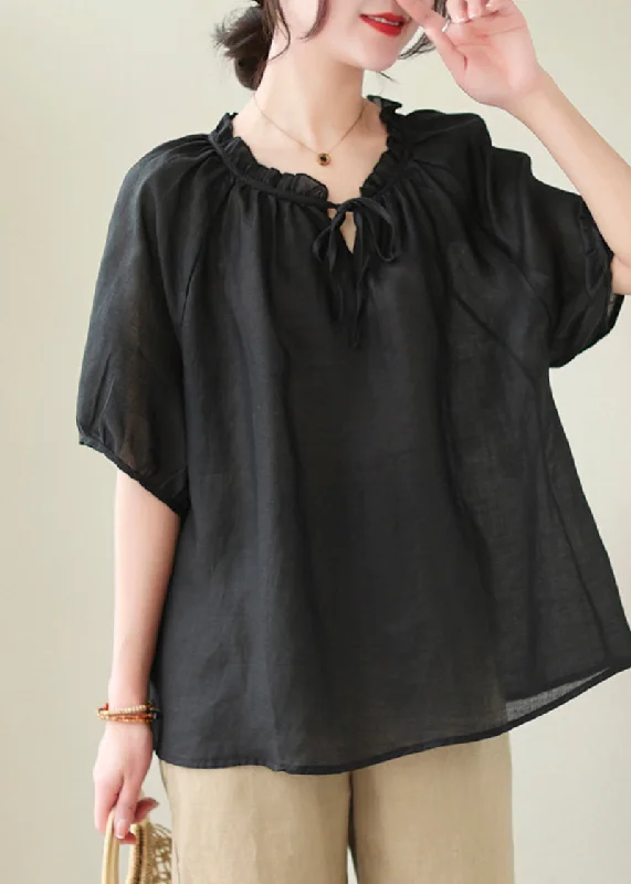 women's tops for those who want to add a personal touch to their wardrobe with unique and one-of-a-kind piecesFrench Black Ruffled Oversized Linen Blouse Tops Summer