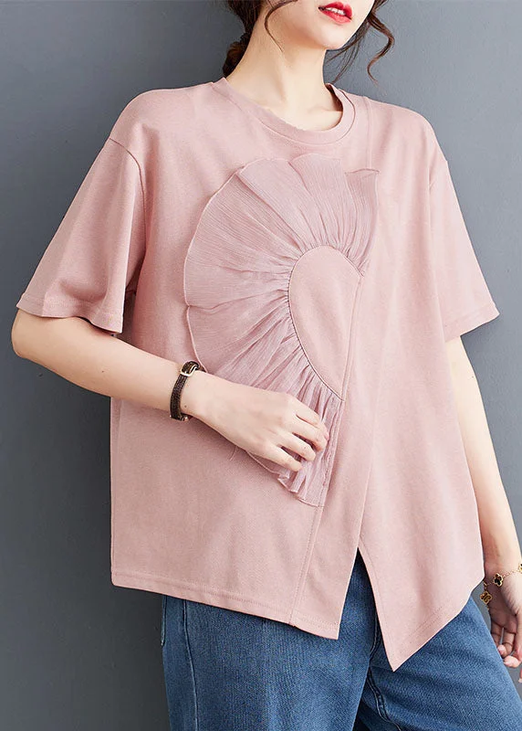 women's tops for cozy nights inChic Pink O Neck Wrinkled Patchwork Cotton T Shirt Top Summer