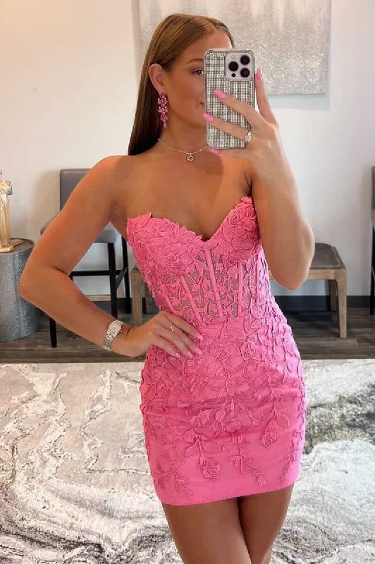 women's satin dressesHot Pink Appliques Strapless Lace-Up Bodycon Mini Homecoming Dress OK1632