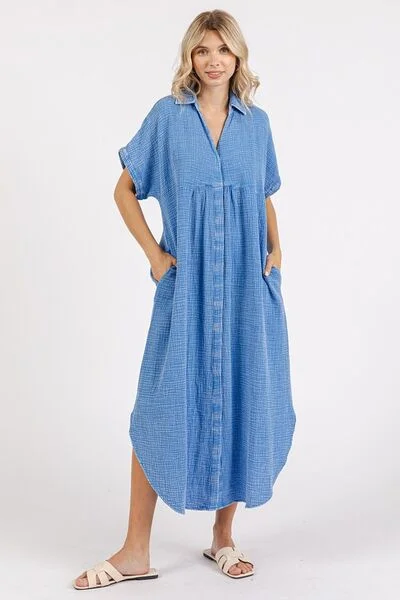 Tiered DressMittoshop Mineral Wash V Neck Button Up Midi Shirt Dress