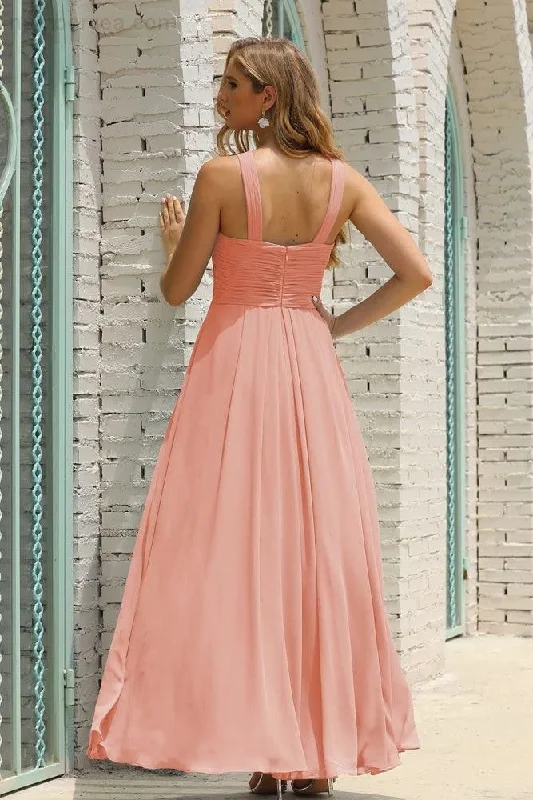 Spaghetti Strap DressNumbersea Women Halter Chiffon Bridesmaid Dress A-line Long Formal Prom Gown SEA28015