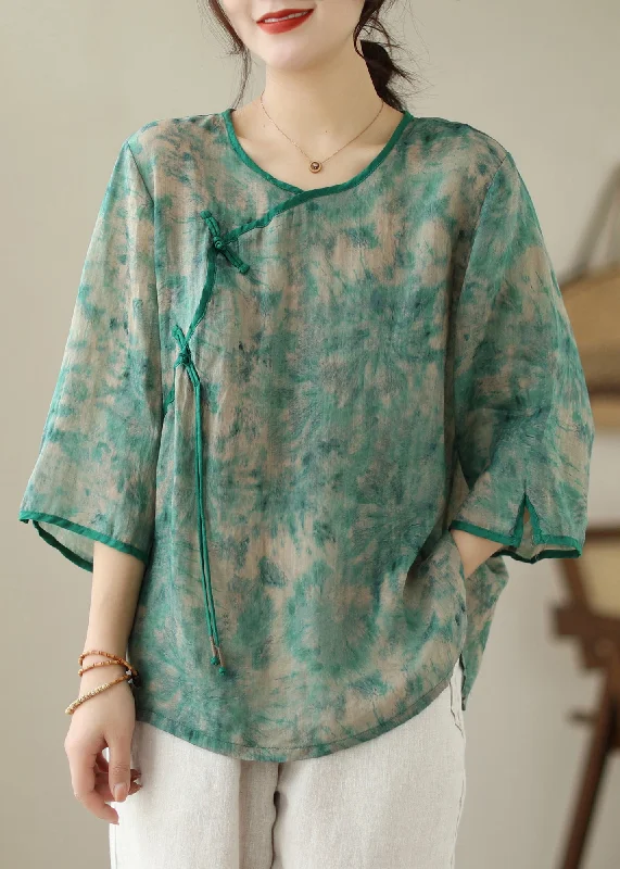 women's tops with asymmetrical designsGreen Tie Dye Linen Shirt Chinese Button Bracelet Sleeve