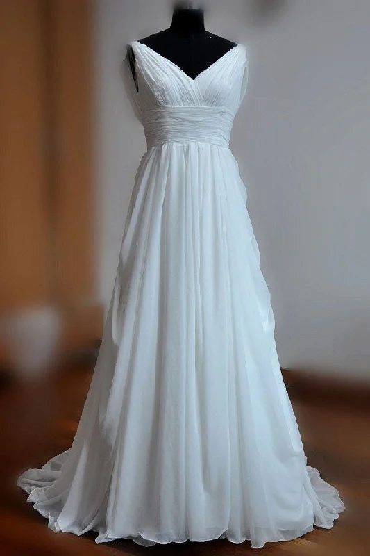 Ball Gown DressSimple White A-line V-neck Backless Sweep Train Chiffon Cheap Beach Wedding Dress OK219