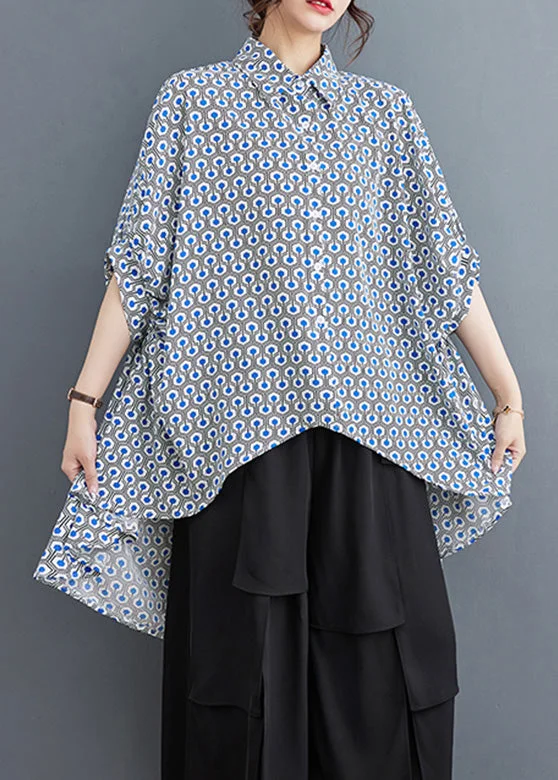 women's tops for those who want to create stylish and put-together outfits without spending a fortuneItalian Blue Peter Pan Collar Print Low High Design Shirts Summer