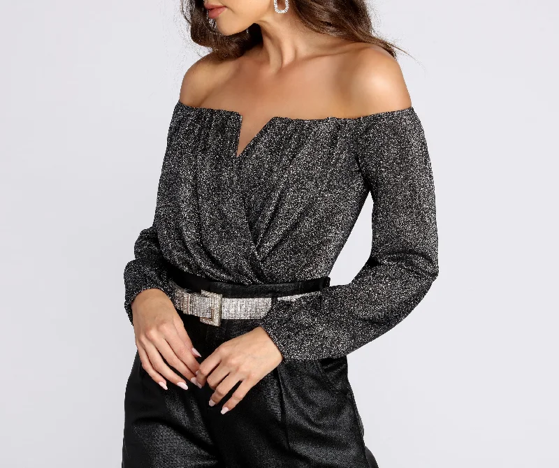 women's tops for those who want to create stylish and put-together outfits without spending a fortuneOff The Shoulder Glitter Knit Bodysuit