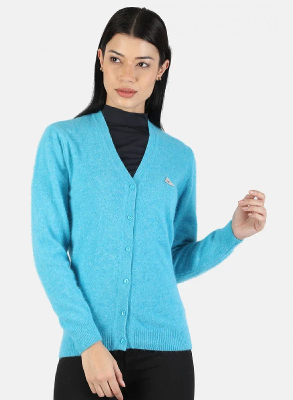 Knitted Crewneck SweatersWomen Blue Solid Cardigan