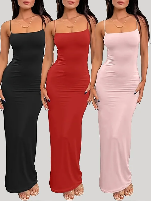 women's striped dressesIKEARLAX 3-Pack Chic Solid Cami Maxi Dresses - Sexy Square Neck, Backless, Sleeveless - Versatile Womens Clothing for Casual to Formal Wear - Comfortable, Flowy, Adjustable Straps - Value Set