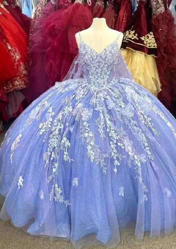 Flutter-Sleeve DressPurple Spaghetti Straps V Neck Ball Gown with Appliques,Sweet 16 Dress,Quinceanera Dress,Y2456