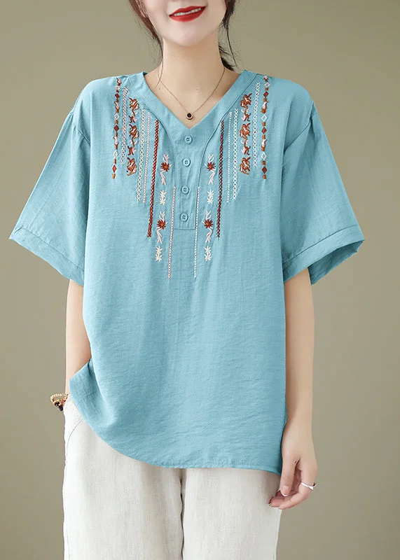 women's tops with spaghetti straps and deep V-necksLight Blue Cotton Shirt Top Oversized Embroideried Summer