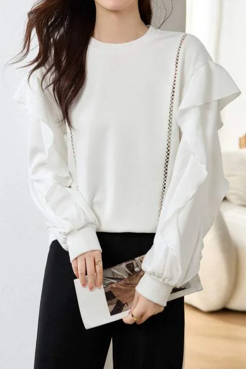 women's tops with unique designsElegant Ruffle Hollow Out Sweatshirt