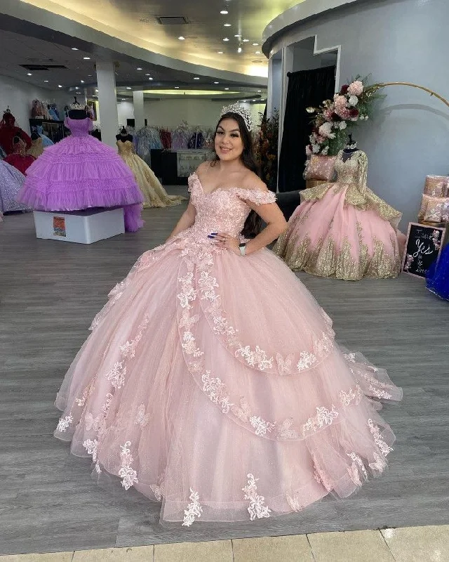 women's pear-shaped body dressesOff The Shoulder Pink Tulle Lace Ball Gown,Sweet 16 Dress  Y2267