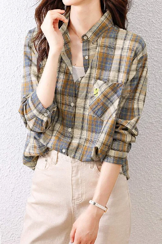 off-the-shoulder women's topsApplique Decor Check Pattern Casual Shirt