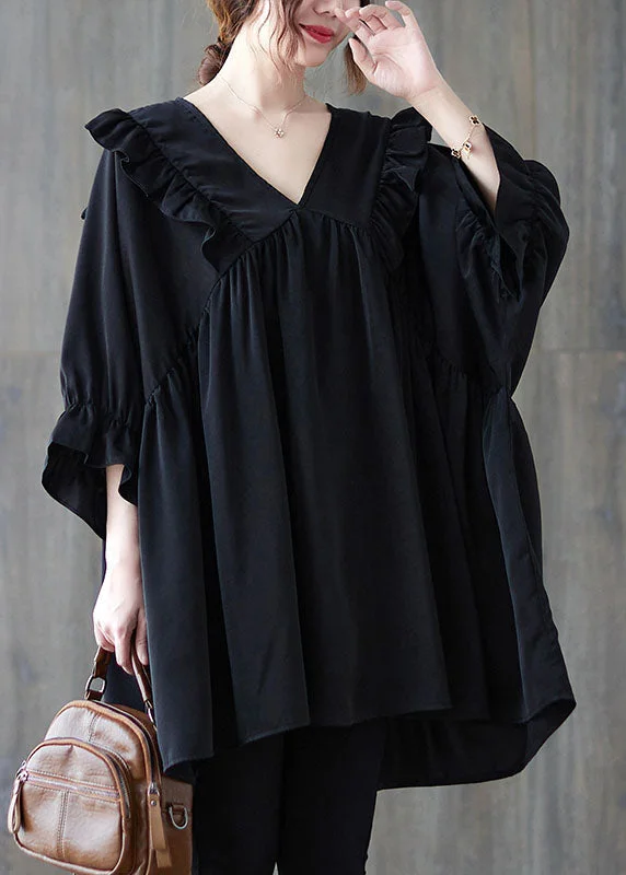 women's tops for those who want to create outfits that reflect their personal style and sense of fashionOversized Black V Neck Ruffled Patchwork Cotton Shirt Top Summer