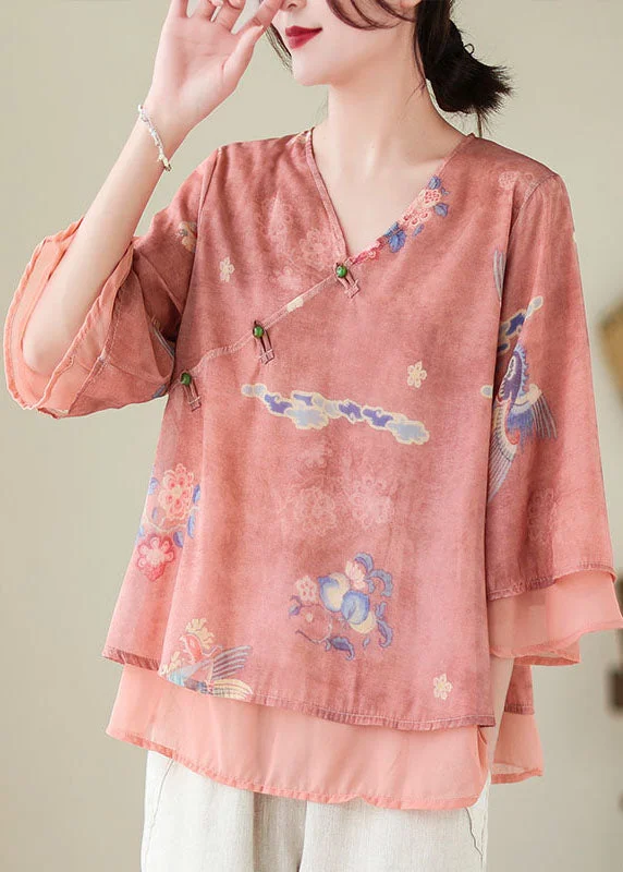 women's tops for those who want to stay cool and chic during warmer weatherRed Print Patchwork Chiffon Shirt Top V Neck Butterfly Sleeve