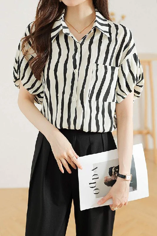 women's tops for those who want to create stylish and put-together outfits without spending a fortuneShirt Collar Wavy Stripe Balloon Sleeve Blouse