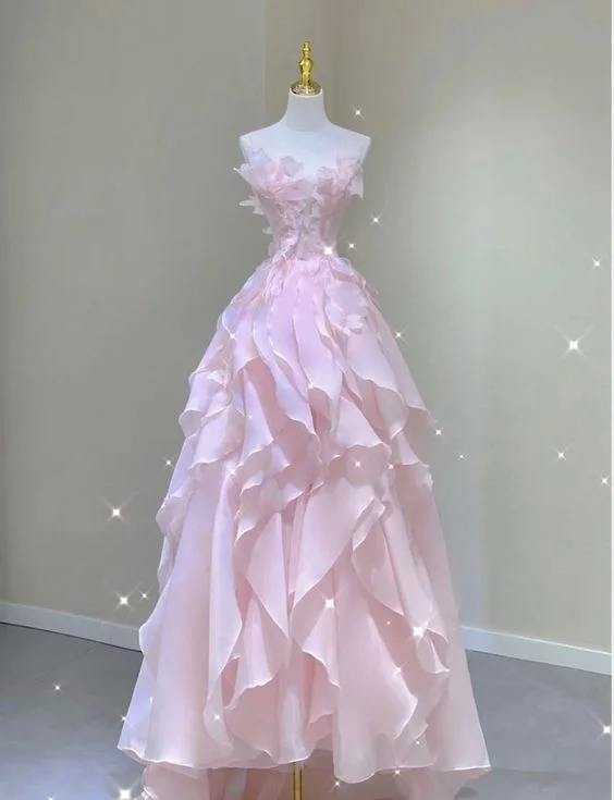 women's luxury dressesDreamy Pink Ruffles Princess Dress,Pink Ball Gown Y1971