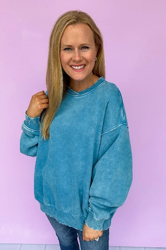 breathable women's tops for summerQueen of Casual Ribbed Crossover Crew Neck Sweatshirt in Blue