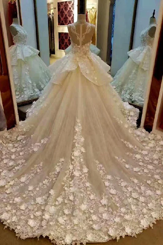 Prom DressPrincess Lace Appliqued Flowers Chapel Train Wedding Dress,Pretty Bridal Gown OK222