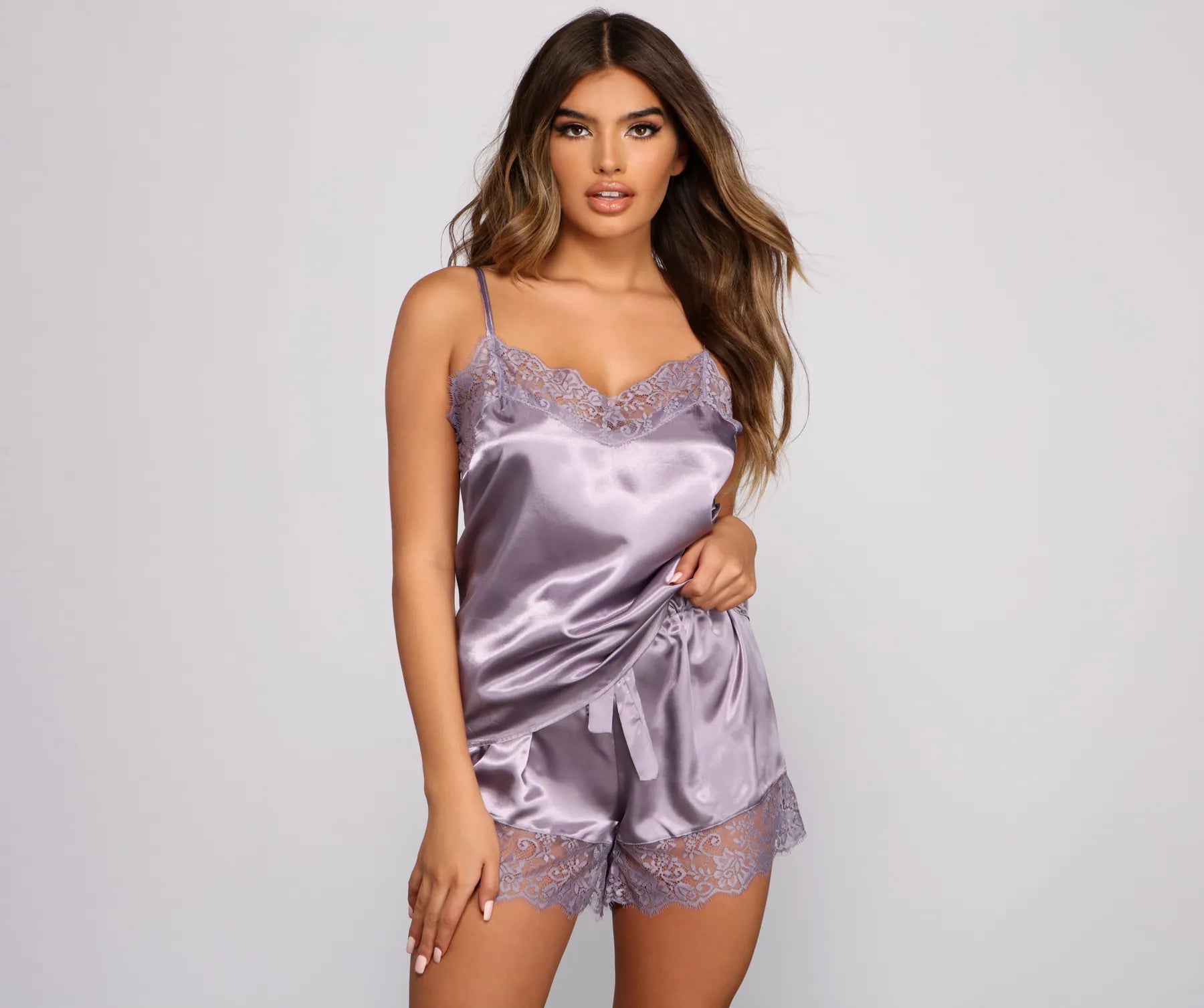 women's tops for bridal showers and baby showersLuxe Satin Lace Trim Pajama Tank And Short Set