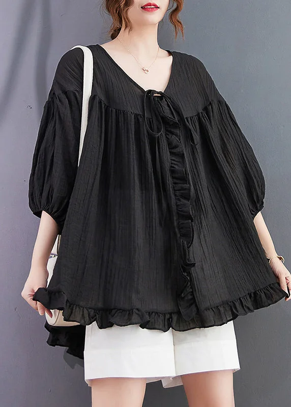 women's tops for those who want to make a fashion statementItalian Black Ruffled Lace Up Cotton Shirt Top Lantern Sleeve