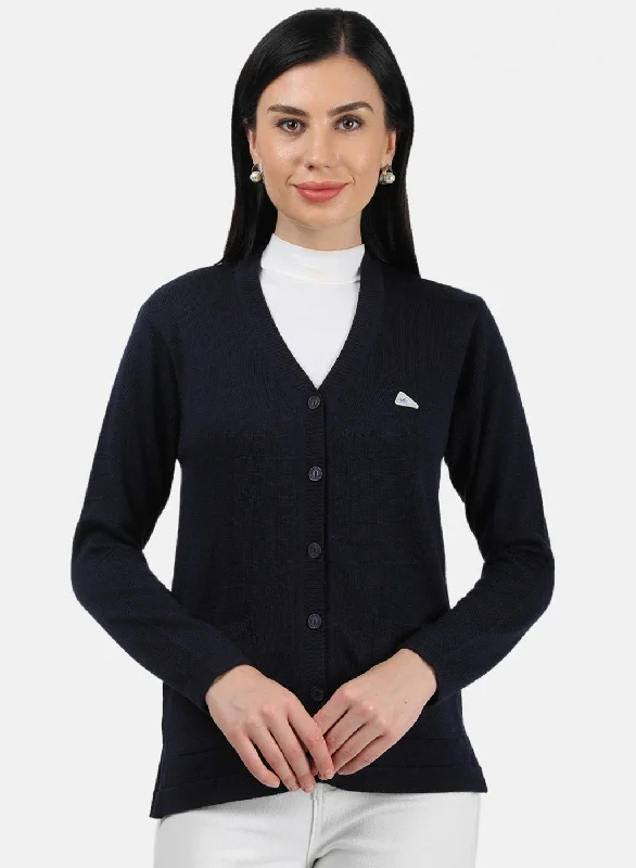 High-Neck SweatersWomen Navy Blue Solid Cardigan