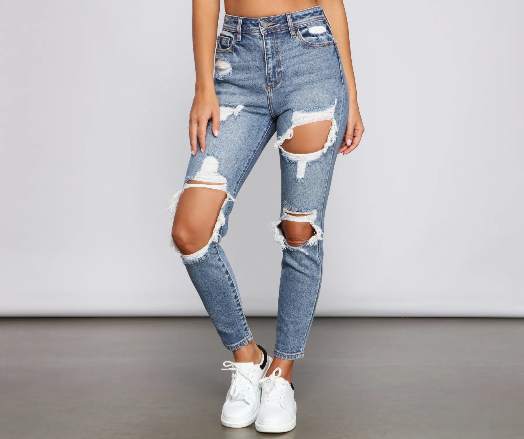 women's denim jeans with pocketsTrendy Destructed High-Rise Skinny Jeans