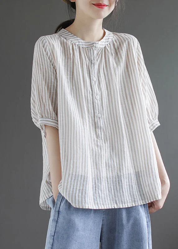 women's tops for those who want to add a pop of color to their outfitsDIY Khaki Oversized Striped Cotton Shirt Half Sleeve