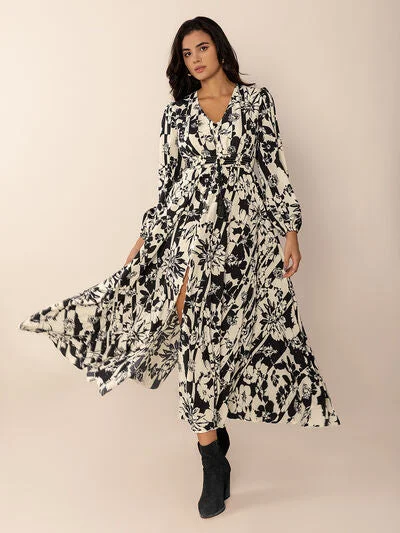 women's cinched-waist dressesL.NY Tied Printed V-Neck Long Sleeve Midi Dress