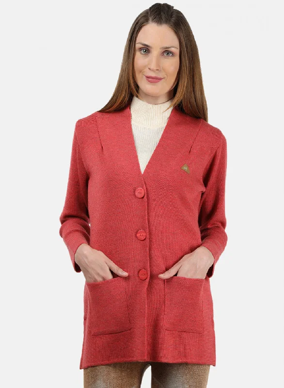 Turtle-Neck Wool SweatersWomen Light Red Solid Cardigan