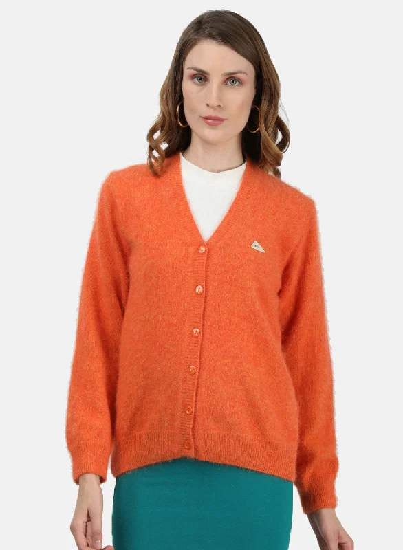 Stylish Trendy Pullover SweatersWomen Orange Solid Cardigan